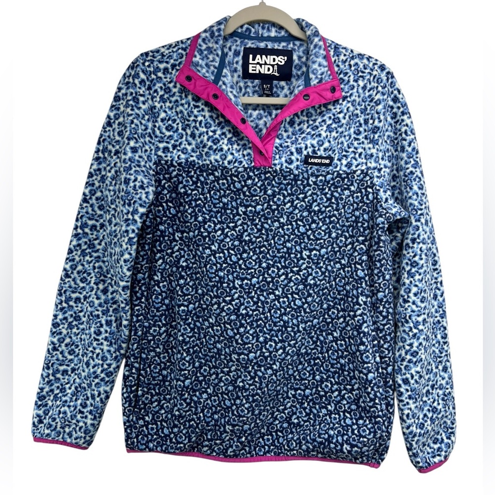 Lands End Heritage Fleece Snap Neck Pullover Deep Sea Navy Floral Wmns Sm Tall
